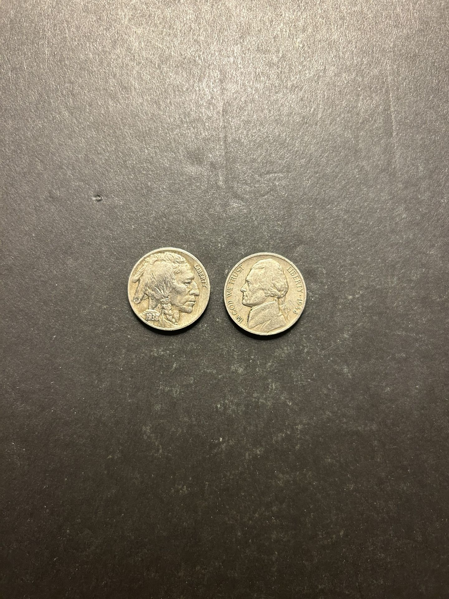 Coins – 1938P Jefferson Nickel and 1938D Buffalo Nickel - full 4 digit date
