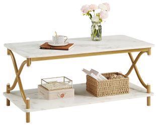 X-Design 2-Tier Coffee Table – White Faux Marble & Gold, 39.37"