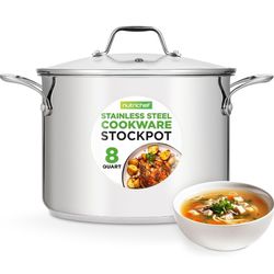 NutriChef 8-Quart Stainless Steel Stock Pot - 18/8 Food Grade Stainless Steel Heavy Duty Induction - Stock Pot, Stew Pot, Simmering Pot with See-Throu