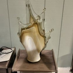 Hand-Blown Art Glass Vase – Murano Style – Amber & Cream Sculptural Vase