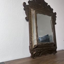 Antique Vintage Hammered Metal & Wood Framed Mirror 
