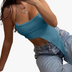 Women's Sexy Halter Crop Top Asymmetrical Hem Ribbed Knit Cami Tank Tops

 Size Small 