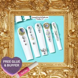 Extra Long Cut-able White Heart Rhinestone Press On Nails 10 Pc Set - FREE GLUE & BUFFER 