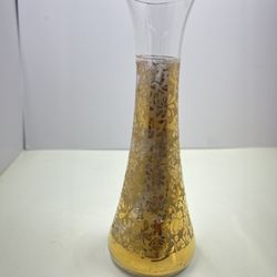 Vintage MCM Glass Bud Vase Elegant Gold Floral Overlay