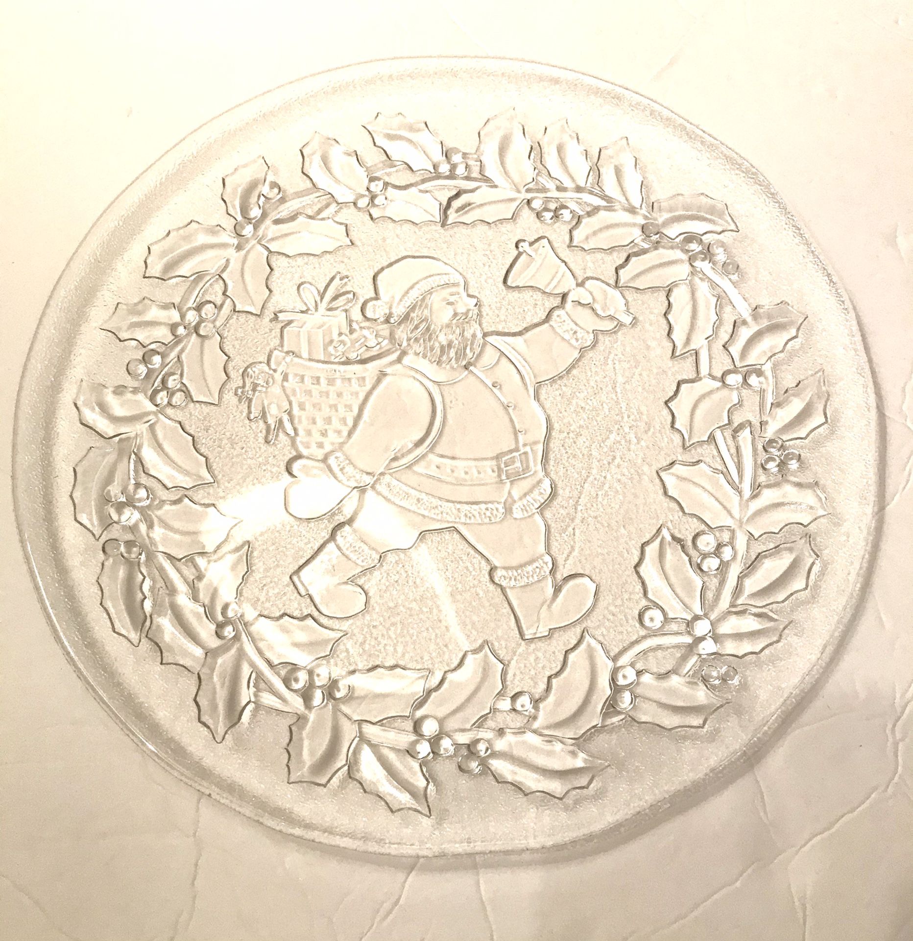 Holidays Santa Gifts Glass Crystals Embossed Serving Platter/Tray/Plate