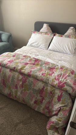 Queen Bed with Upholstered Headboard, Mattress, Bedding & Pillows