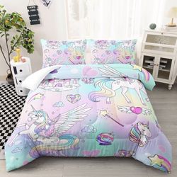 (9999-127) Ntlfup Kawaii Unicorn Bedding Set for Girls Kids Queen Size, Pink Colorful Comforter Set for Girls Bedroom Recor with 2 Pillowcases 