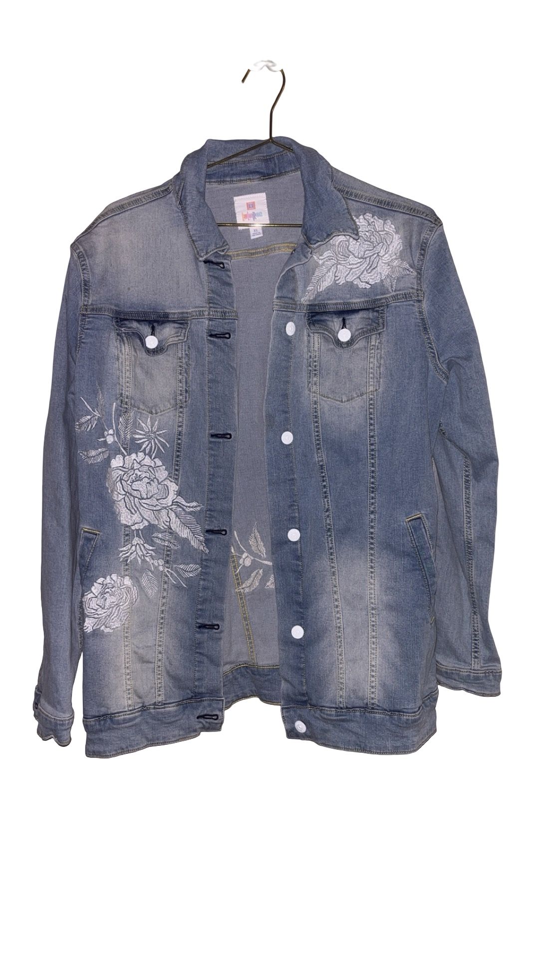 Lularoe Denim Jean Jacket Embroidered Floral Light Wash Size XL P2P 22”, Length 28”