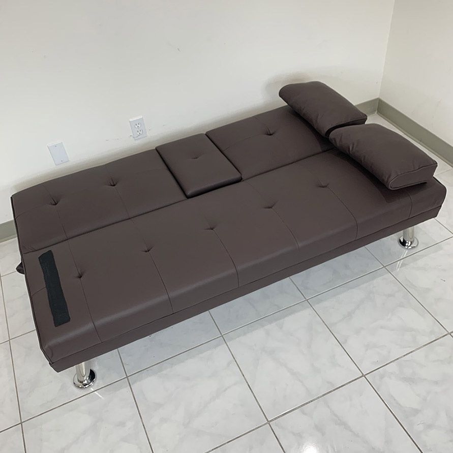 (NEW) $155 Folding Futon Sofa Bed Recliner Convertible Couch 65x30x31 Inches, Brown/Gray