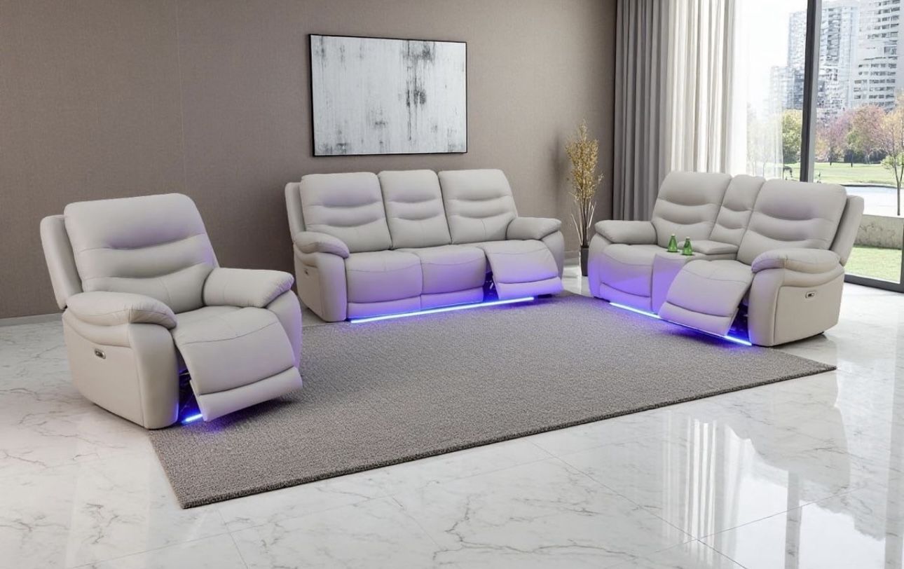 Power Electric Fully Reclining Leather Couch Set 