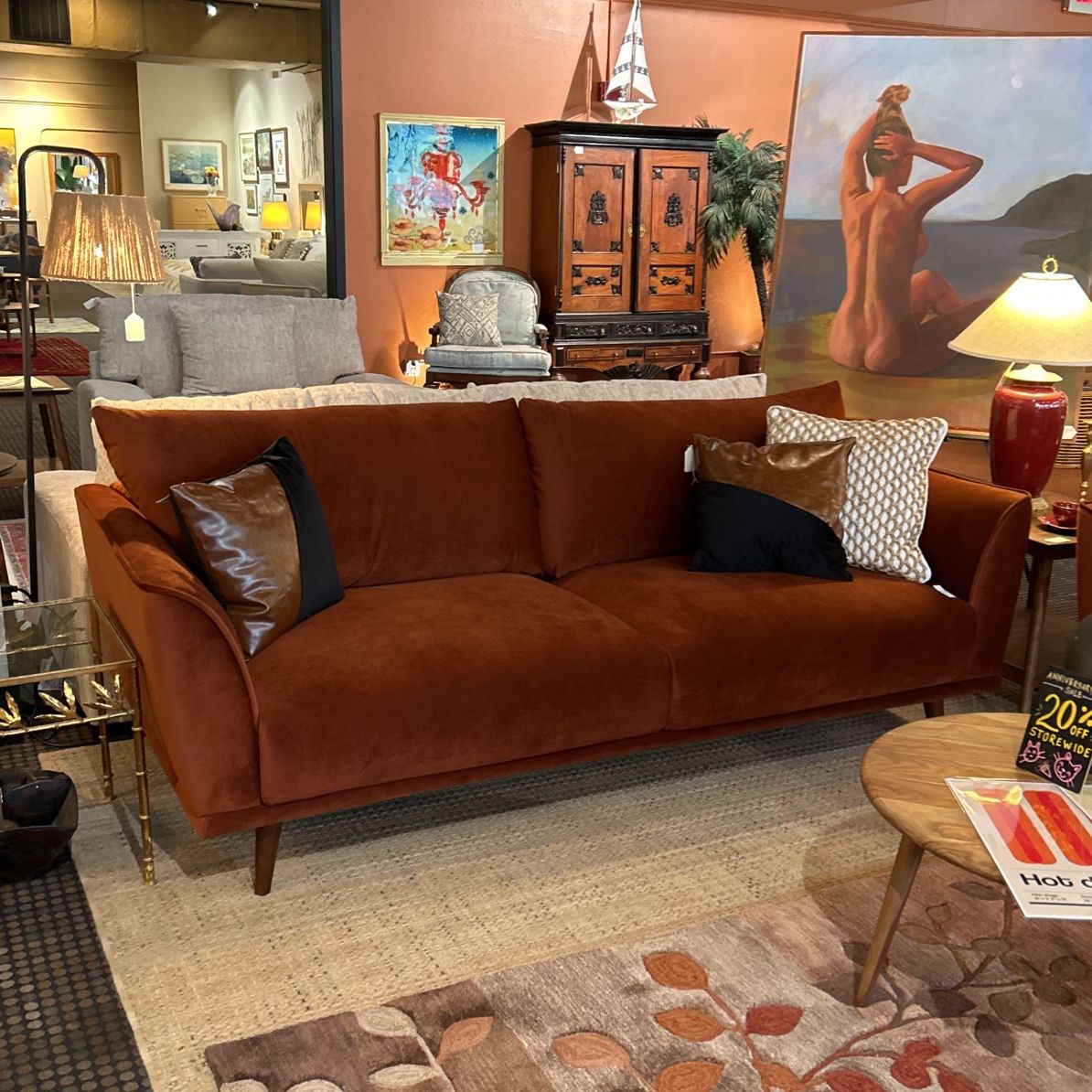 NEW Burnt Orange Retro Style Velvet Sofa 