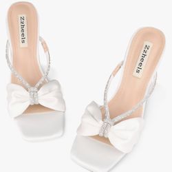 Zzheels Rhinestone Bow Heels Square Toe Slip On Mules Clear Chunky Heels Daily Dress Sandals Size 11 New 