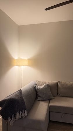 Modern Brushed Nickel Floor Lamp – 62” Tall – White Shade – Excellent Condition