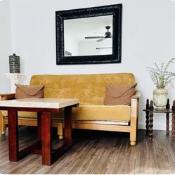 Vintage Solid Wood Futon with Mustard color Velvet fabric