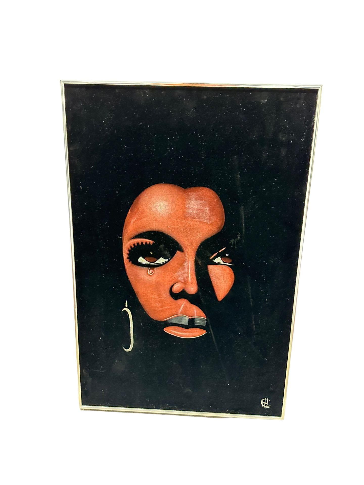 1970’s Black Velvet Painting Beautiful Black Woman w/ Afro & Tear