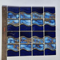 Blue on Blue Ceramic Wave Tile with Gold accents - 4 sheets