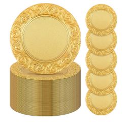 Uiifan Bulk 13” Gold Plastic Embossed Dinner Plates (100pcs)