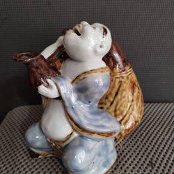 Japanese Pottery Hirado Ware Budai Buddha Hotei Tokuri Bottle Sake Ewer Choshi