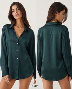 Zara Dark Green Satin Button-Up Blouse XS