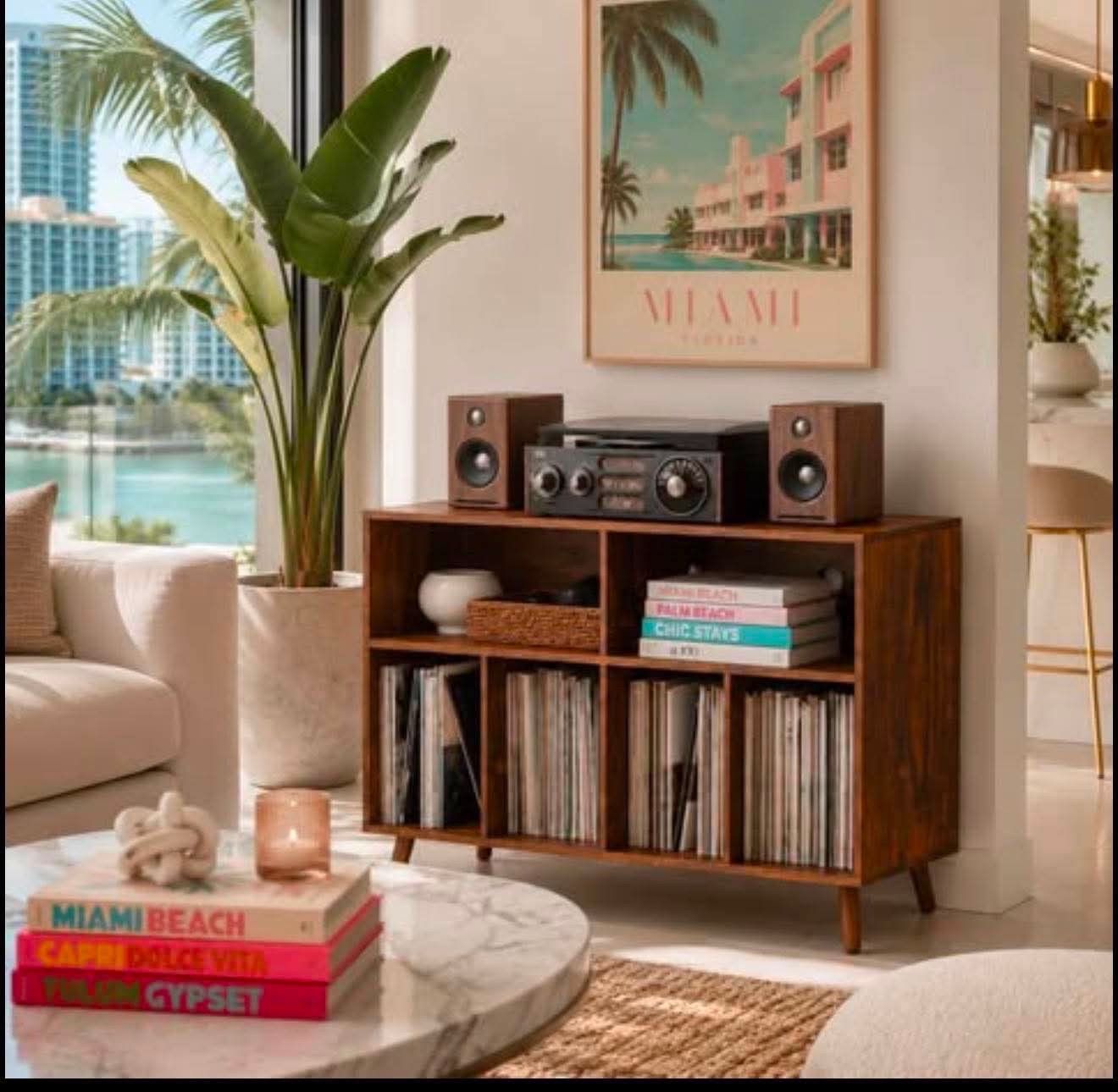 Record Player Stand with Vinyl Storage Cabinet, Wood Turntable Table Open Shelf cabinet J-8