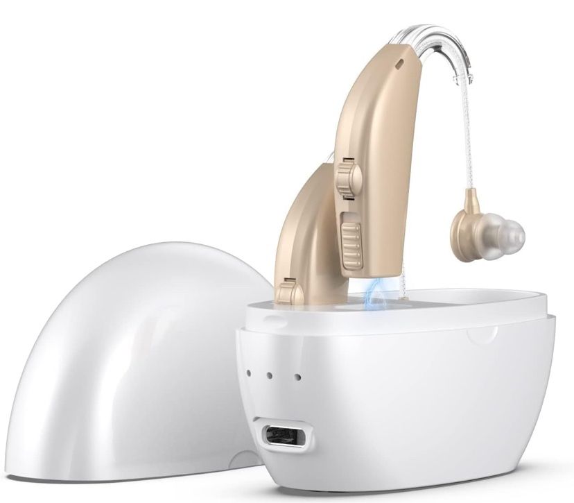 Hearing Aids Hearing Amplifiers for Seniors Rechargeable with Noise Cancelling Hearing Aid Amplifier with Charging Case and Volume Control Beige