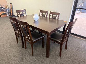 Dark Wood Dining Table Set with 6 Chairs