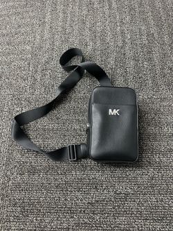 Michael Kors Small Black Pebbled Leather MK Logo Crossbody Zip Strap Silver