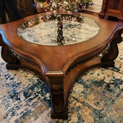 Solid Ornate Wood And Glass Coffee Table
