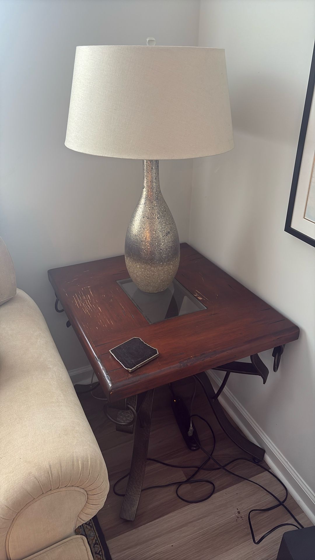 Set of 2 Rustic Glass & Wood End Tables – Excellent Condition