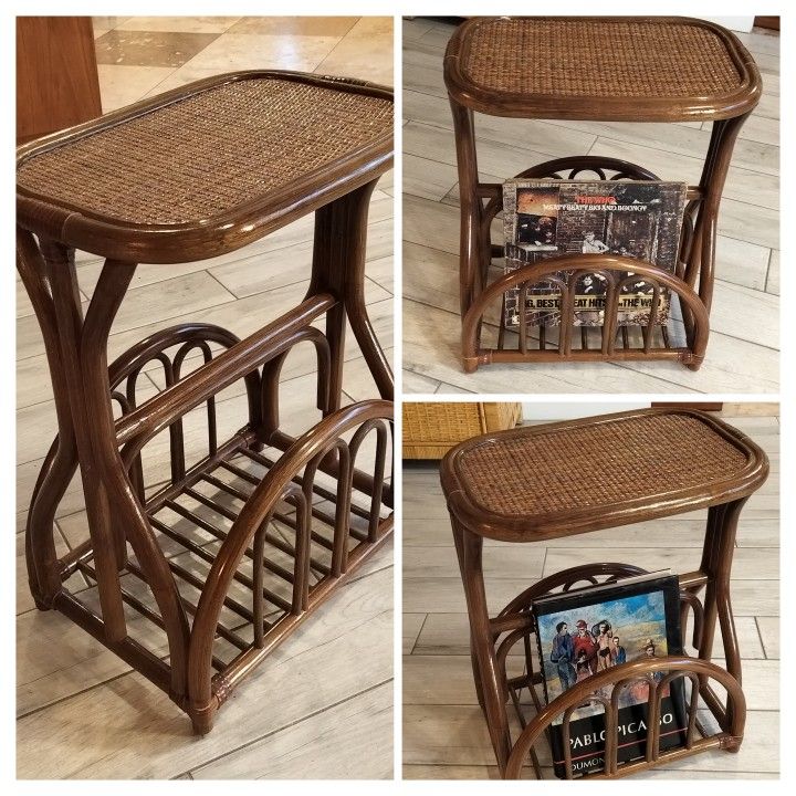 Rattan Wicker Weave Record, Magazine, Book Side Table Plant Stand.