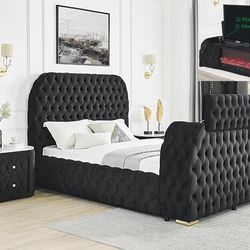 New Velvet Tufted Bed With Fireplace Display / TV Stand.  Free Delivery!
