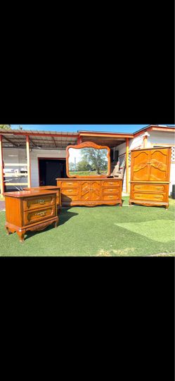 Dresser mirror, chest drawer, and nightstand