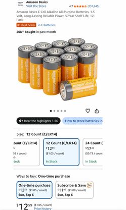 Amazon Basics C Cell Alkaline Batteries 12-Pack