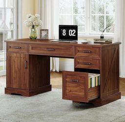 NEW!! - 59” Executive Office Desk with Drawers, File Cabinet & USB Power – Walnut