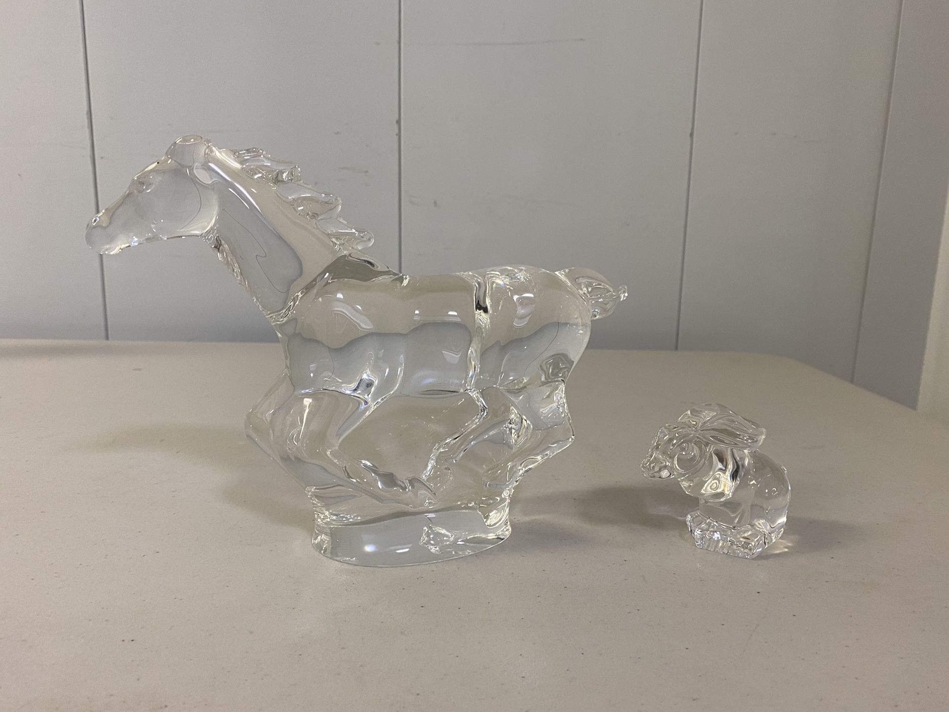 Steuben Glass Crystal Horse Running at Full Gallop & Hopping Rabbit