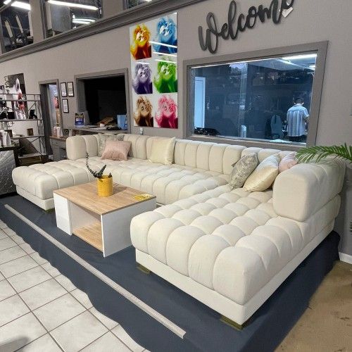 FAST DELIVERY Lipa Ivory Velvet Double Chaise "U" Shape Sectional Sofa