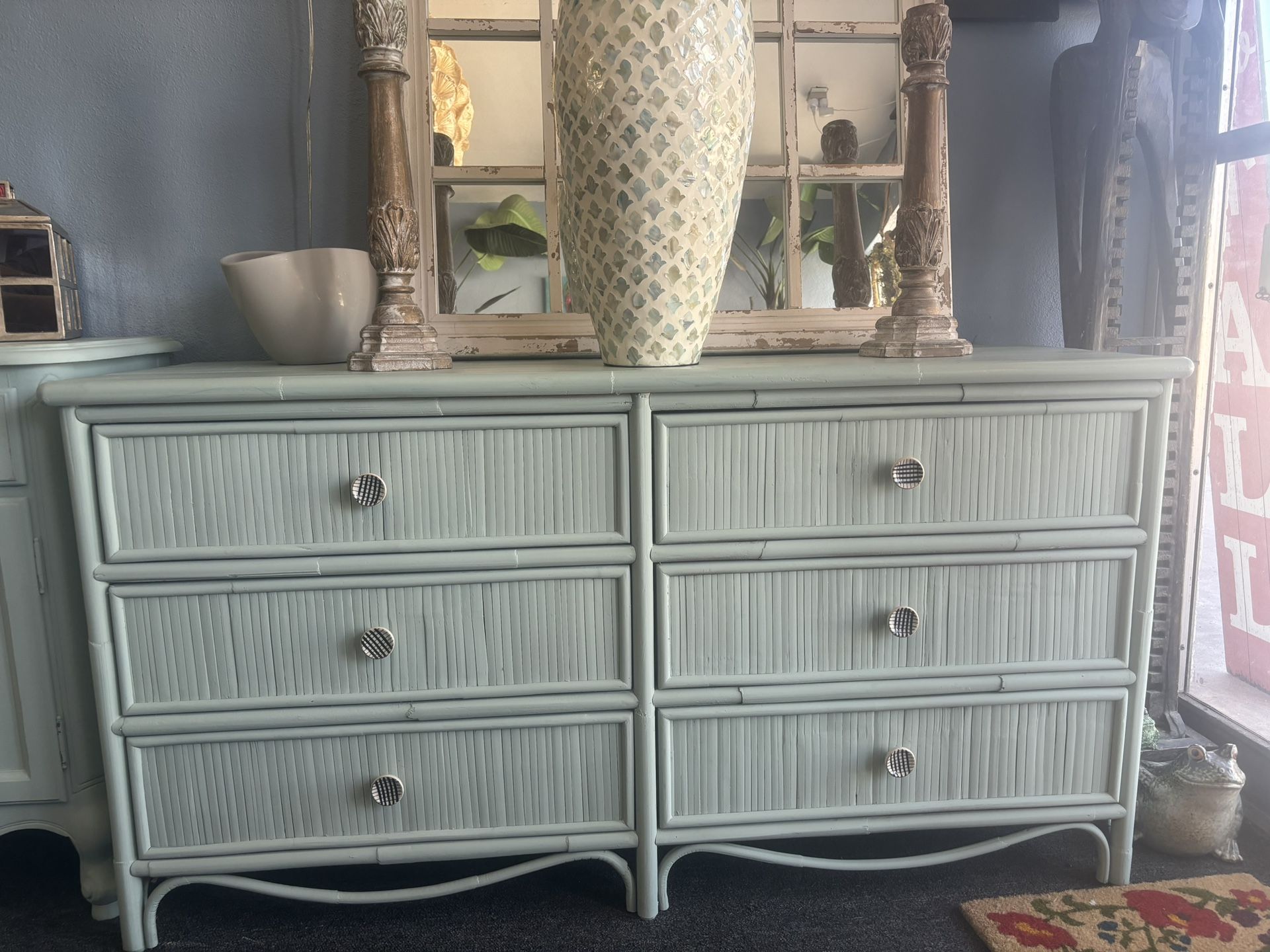 Blue Bamboo Dresser With Decorative Knobs
