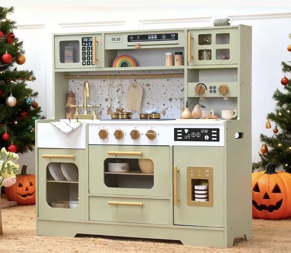 Kids Wooden Play Kitchen Set – Realistic Pretend Play Kitchen with Stove, Sink, Coffee Maker, Ice Maker & 15 Fun Accessories