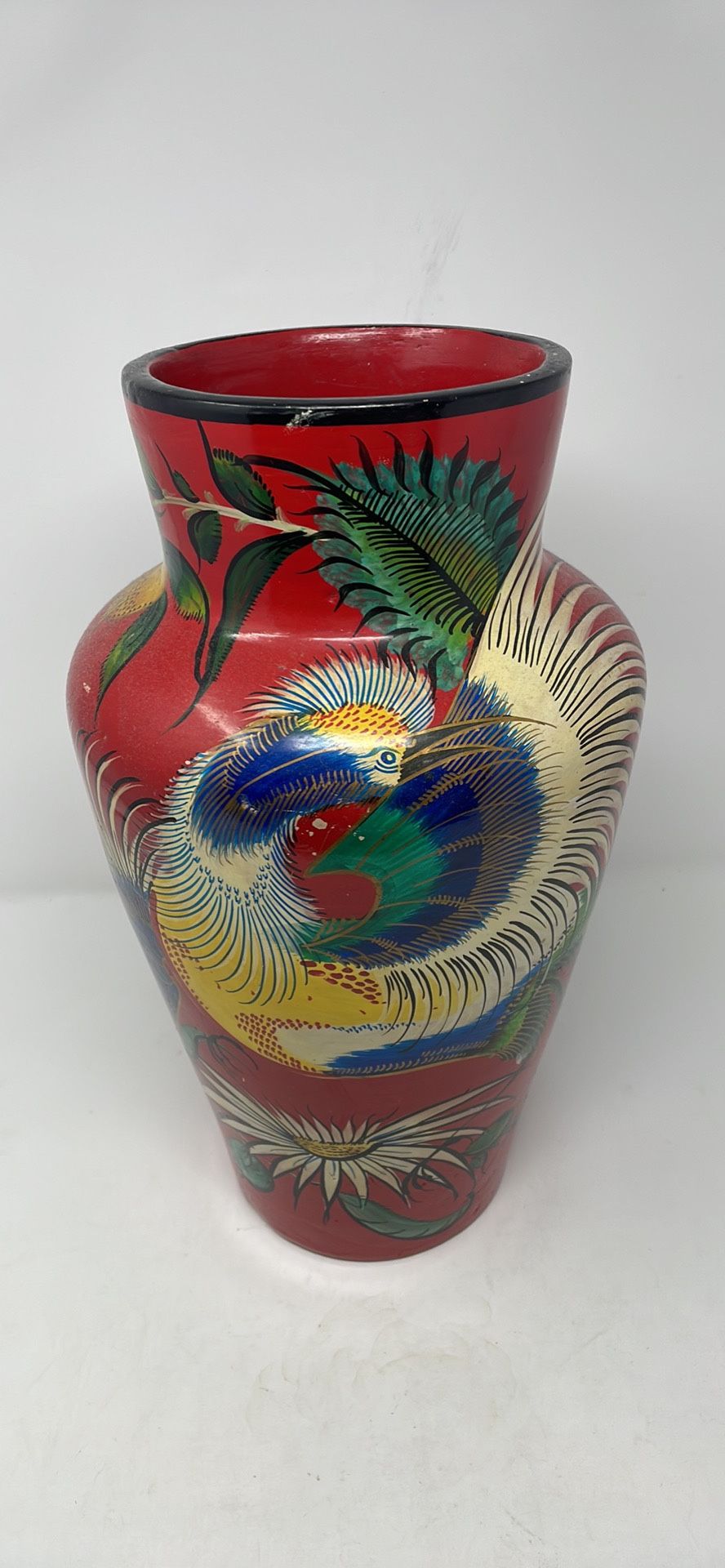 Rare 1940's Mexican Tonala Green Burnished Pottery 15.25" Vase Bird Of Paradise