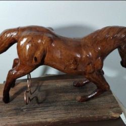 VINTAGE LEATHER HORSE STATUE FIGURINE 13"×7"