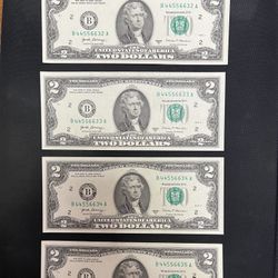 Four Consecutive $2 bills USD Thomas Jefferson 2017 Series Uncirculated