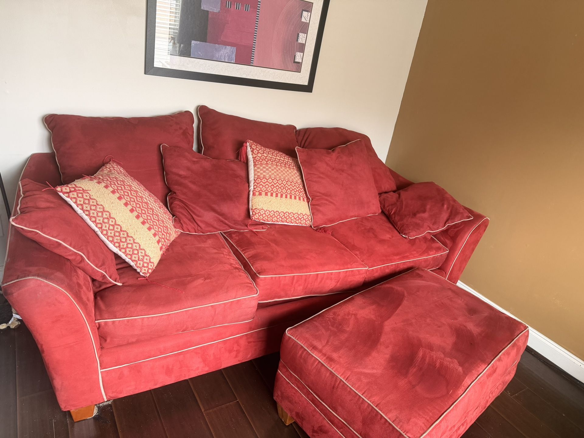 72” Red Plush Sofa / Otomon