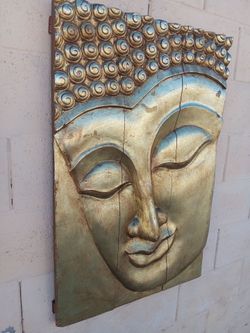Large Carved Wood Buddha Face Wall Panel