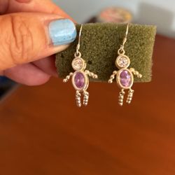 Sterling Silver Stick Figure Earrings With Purple Stone