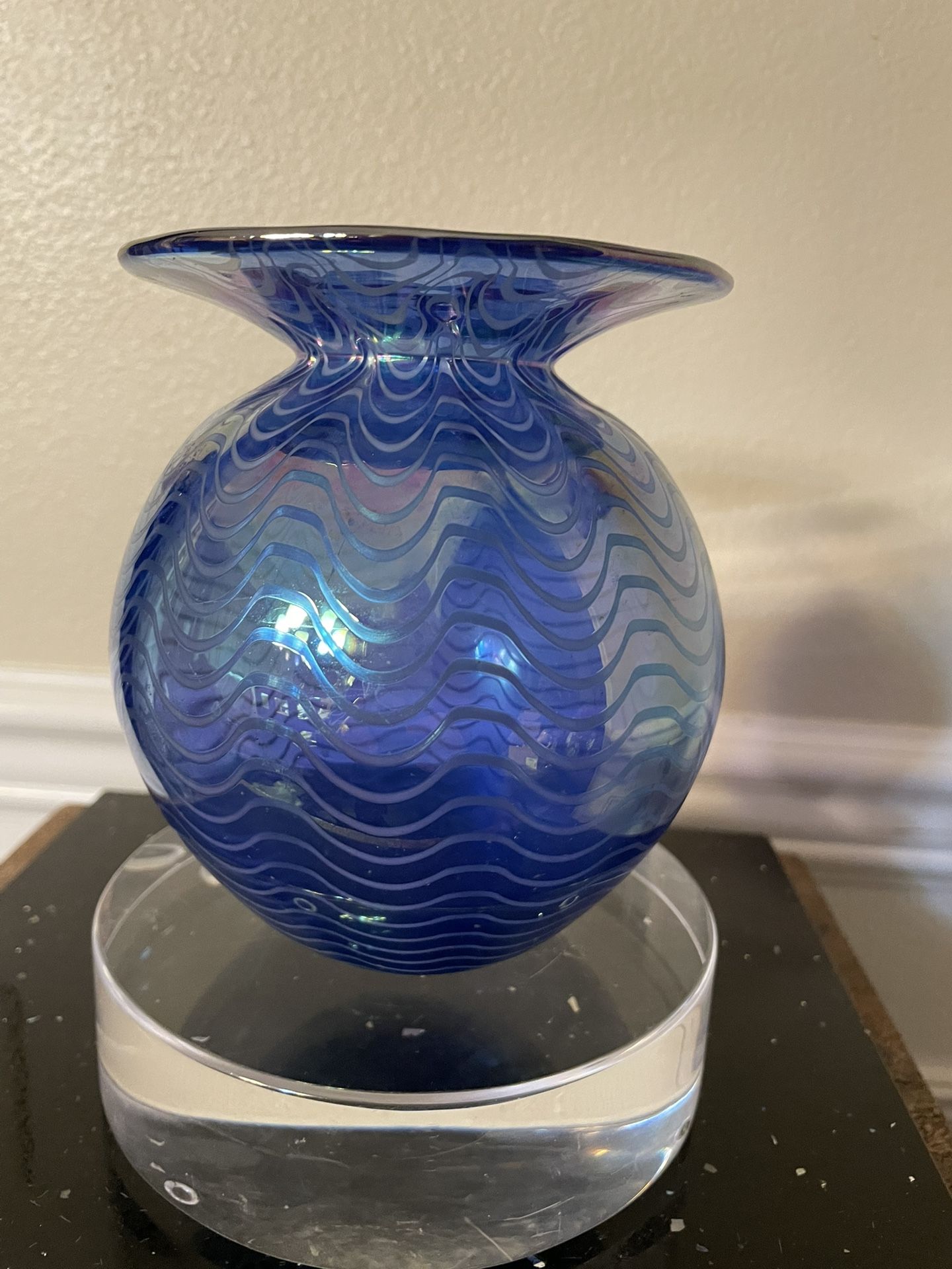 Vintage Glass Eye Studio 5” Iridescent Blue Wave Vase
