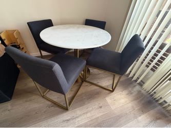 Marble Dining Room Table & 4 Article Chair Set - Brass