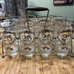 VTG Set Of 8 - 25th Anniversary Drinking Glasses Silver Lettering & Design