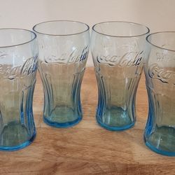 Vintage Lot of 4 Coke Coca-Cola Glasses Tinted Light Blue