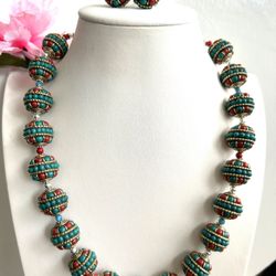 stunning vintage Tibetan silver beads necklace and matching earrings set