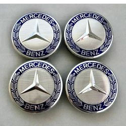 Set of 4 Mercedes-Benz Dark Blue Chrome Rim Center Hub Wheel Caps Cover 75mm AMG